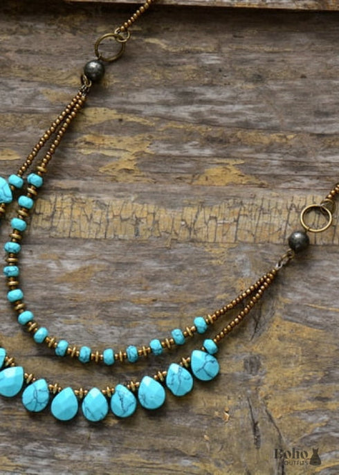 Boho Necklace, Blue Agate, Jasper and Seeds